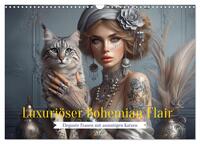 Luxuriöser Bohemian Flair - Elegante Frauen mit anmutigen Katzen (Wandkalender 2025 DIN A3 quer), CALVENDO Monatskalender