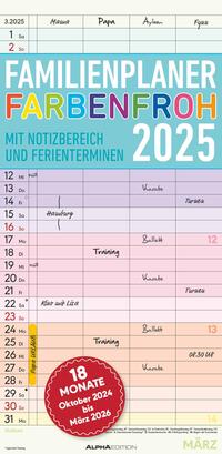 Alpha Edition - Familienplaner Farbenfroh 2025 Familientimer, 22x45cm, Familienkalender mit 4 Spalten für Termine, viel Platz für Notizmöglichkeiten, Ferientermine DE/AT/CH, deutsches Kalendarium