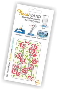 Flexistand (Roses - weiß-pink) - flexibler Handyaufsteller - für alle Handys und Mini-Tablets - superflach - stufenlos verstellbar - hochkant und quer - passt in jede Hosentasche