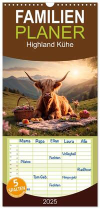 Familienplaner 2025 - Highland Kühe mit 5 Spalten (Wandkalender, 21 x 45 cm) CALVENDO