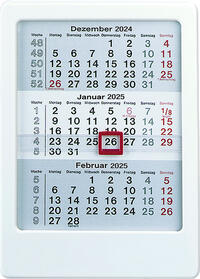 Zettler - 3-Monats-Tischaufsteller 2025 weiß,12x16cm, Tischkalender mit 3 Monaten auf 1 Seite, Datumsschieber, Feiertage hervorgehoben, Wochenzähler und deutsches Kalendarium