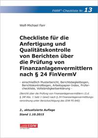 Checkliste 13 für die Anfertigung und Qualitätskontrolle von Berichten über die Prüfung von Finanzanlagenvermittlern nach § 24 FinVermV