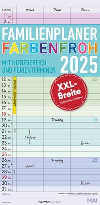 Alpha Edition - Familienplaner Farbenfroh 2025 Familientimer, 22x45cm, Familienkalender mit 3 Spalten für Termine, viel Platz für Notizmöglichkeiten, Ferientermine DE/AT/CH, deutsches Kalendarium